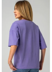 Happyfox تي شيرت نسائي كبير الحجم غير مطبوع برقبة على شكل حرف V - قطن وليكرا، أزرق أرجواني أساسي