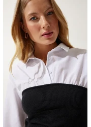 Happiness İstanbul Women's White Black Polo Neck Color Blocked Shirt Blouse AN00174