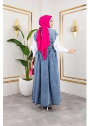 HARMAN BUTİK Women's V-Neck Buttoned Blue Denim Gilet