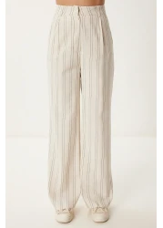 Happiness İstanbul Women's Cream Black Striped Linen Vest Pants Suit Bv00129