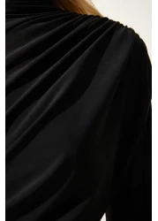 Happiness İstanbul Women's Black Gather Detailed High Collar Sandy Blouse FF00135