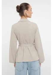  Collection Gray V-Neck Woven Blouse - Double Breasted and Tie Detailed TWOSS24BZ00371