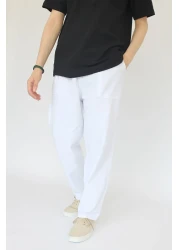 nobility jean بنطلون كتان أبيض مريح صيفي للجنسين مع خصر مرن من القطن برباط رائع