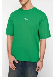  Collection تي شيرت أخضر كبير الحجم/قصة واسعة مع تطريز ديناصور 100% قطن TMNSS23TS00243 TMNSS23TS00243