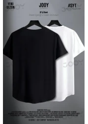 Jooy Company تي شيرت أسود أبيض بقصة ضيقة - طقم مكون من قطعتين مطبوع بمفتاح منخفض