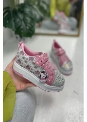 Nstil White Pink Girl's Sports Shoes Tassel Detailed Glitter Toe Lace up Velcro 4004