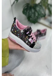 Nstil أسود - حذاء رياضي بناتي وردي، نمط بيضاوي لامع وشريط فيلكرو عند الأصابع 4004