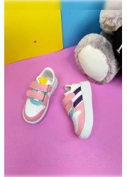 Nstil Unisex Children's Sports Shoes - White, Pink, Velcro, Double Stripe, Comfortable and Lightweight Zl001