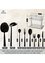 LIFE SMILE Cutlery Set, 18/10 Pure Stainless Steel Flatware Set with Stand, Rust Proof &amp; Fade Proof Dinnerware Set (SHINE BLACK, 38 Pieces)