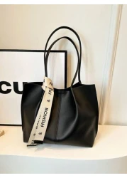 حقيبة كتف نسائية متعددة الاستخدامات ذات لون واحد، حقيبة كتف سعة كبيرة من جلد البولي يوريثان بديكور وشاح حريري