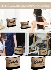 1set Beach Letter Print Tote Simple Linen Tote Reusable Grocery Shopping Tote Bag And Makeup Bag Holiday Gift Bag Perfect For Vacation Travel Khaki Summer Essentials Perfect For Vacation Holiday Suita