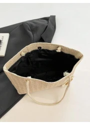 حقيبة تسوق كبيرة السعة منسوجة من القش اللون الصلب ، للنساء ، بأسلوب بوهيمي جميل به زخرفة زهرة اللوتس الصغيرة ،