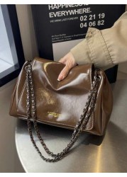 Women s Oiled Wax Leather Tote Bag With Shoulder Chain Large Crossbody Bag