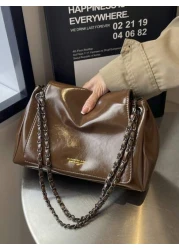 Women s Oiled Wax Leather Tote Bag With Shoulder Chain Large Crossbody Bag