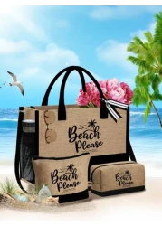 Beach Themed Beach Tote Bag Set For Women Printed With Artistic Letters Beach Beach And Coconut Tree Pattern Large Capacity Handbag And Two Makeup Bags