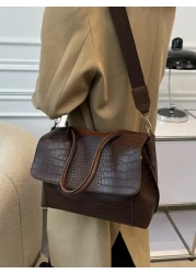 Large Capacity Vintage Casual Tote Bag For Women With Multi Layered Compartments Crocodile Embossed Flap Cover Adjustable Shoulder Strap Suitable For Commuting And Outdoor Travel Autumn Retro Inspired