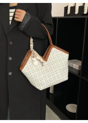 Bow Decor Lightweight Portable Casual Fashion Plaid Pattern Skinny Scarf Decor Tweed Shoulder Tote Bag For Girls Women College Students Rookies White Collar Workers For Fall Winter Essential For Work