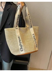 Women s Stylish Woven Straw Beach Tote Bagschool Tote Bag School Bookbag Portable Foldable Business Casual Suitable For Teen Girls Women College Students Teacher Rookies White Collar WorkersCollege Va