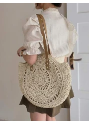 Yogodlns Hollow Out Summer Round Bags For Women Rattan Shoulder Bag Girls Handmade Woven Handbags Female Large Summer Perfect For Vacation Holiday School Bag Large Capacity Portable Classic Casual For