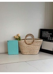 New Straw Tote Bag Large Capacity Women Casual Versatile Handbag Shopper Bag Striped Round Handle Beach Bag For Vacation Travel