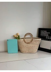 حقيبة قش كبيرة السعة ذات استخدام متعدد للنساء بمقبض دائري مخطط، حقيبة تسوق وشاطئ مناسبة للعطلات والسفر