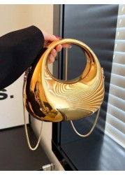 1pc New Arrival Golden Acrylic Clutch Bag Fashionable Personalized Handbag For Evening Party With Light Silver Color Moon Shaped Glittering Surface Detachable Metallic Chain Strap For Crossbody Wearin