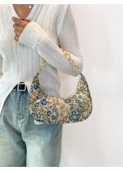 Fashion Metal Chain Handbag With Flower Design Floral Printed Canvas Shoulder Bag Tready Crescent Moon Bag For Women Exquisite Floral Bag For Women