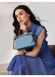 MOTF PREMIUM CONTRAST BUCKLE DETAIL DENIM EFFECT PRINT TOP HANDLE BAG