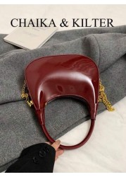 1pc CHAIKA KILTER Women Glossy PU Leather Tote Bag Fashionable Crescent Shaped Armpit Bag With Detachable Metal Chain Zipper Closure Suitable For Daily And Outdoor Use