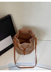 حقيبة نسائية من القش ذات رباط إغلاق باللون الكاكي، حقيبة يد أنيقة على الطراز البوهيمي مناسبة للعطلات/السفر، م