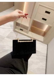 1pc Velvet Box Clutch Bag Glittery Metal Crystal Decor Evening Bag For Gown Formal Party Wedding Bridal Purse Crossbody Bag