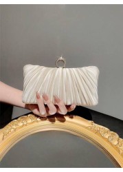 Women Fashionable Shiny Ring Buckle Pleated Satin Box Clutch Bag For Evening Dress Formal Party Prom Wedding Chain Handbag