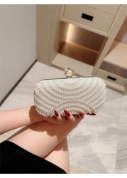 1pc Elegant Faux Pearl Box Shape Evening Clutch Bag White Romantic Wedding Party Purse Luxury Rhinestone Decor Evening Gown Bag Formal Party Crossbody Chain Bag Perfectly Matching With New Years Outfi