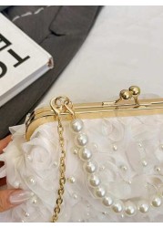 1pc White Romantic Wedding Season 2025 Spring Summer Pearl Net Yarn Flower Clip Pearls Handbag Ladies High End Luxurious Dress Evening Bag Bridal Bag For Wedding Party Banquet Elegant Pearl Bag Exquis