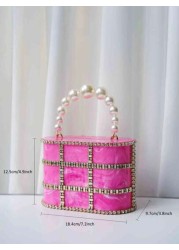 1pc Rose Pink Marble Texture Rhinestoned Pearl Party Clutch Bag With Chain Strap Luxury Evening Bag Suitable For Wedding Gala