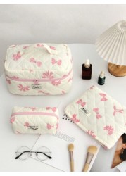 1Piece Bow Travel Toiletry Bag With Handle Quilted Fabric Large Capacity Women Handle Cosmetic Bag Cosmetic Brushes Storage Make Up Organizer Travel Skincare Makeup Pouch For For Bathroom For College