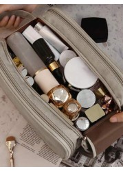 1 حقيبة مكياج جلد اصطناعي ثلاثية الطبقات محمولة أنيقة، حقيبة تجميل متعددة الوظائف مزودة بسوستة مزدوجة، حقيبة