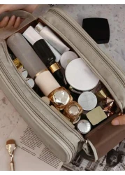 1pc Portable Stylish Three Layer PU Leather Makeup Bag Multifunctional Cosmetic Bag Double Zipper Travel Makeup Brush Toiletries Storage Bag Coin Purses Pouches Large Capacity Wash Bag With Zipper Fas