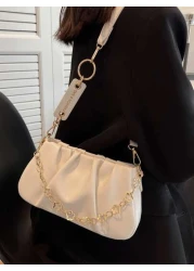 CONTAINEVERY Fashionable Moire Chain Decor Ruched Bag Classic Carryalls Latest Stylish Cloud Sling Bag With Chain Handle And Detachable Strap Beige For Women Rookies White Collar Workers For Teacher G