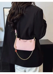 New Fashion Classic Joker Solid Color Pu Waterproof Fabric Shoulder Baguette Bag Strawberry Metal Chain Decorated Underarm Bag Elegant Handbag Business Commuter Bag Suitable For Travel Shopping Partie