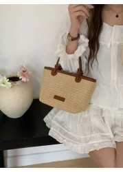 Summer Beach Vacation Straw Woven Handbag Tote Shoulder Bag Rope Knot Picnic Basket Bag Fashion For Women Girls Going Out Shopping Gift