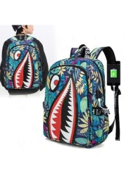 Men s Stylish Shark Mouth Print Backpack Shoulder Bag Contrast Color Letter Leaf Print Versatile College Bookbag All Over Random Print Large Capacity Lightweight Nylon Travel Bag Water Resistant Fits