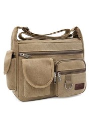 1Pc Khaki Canvas Shoulder Bag Large Capacity Multilayer Messenger Bag Student Travel Shoulder Bag Crossbody Bag Sling Bag For College School Lightweight Multifunctional Dad College Bag Freshman Multi