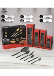 LIFE SMILE Cutlery Set, 18/10 Pure Stainless Steel Flatware Set with Stand, Rust Proof &amp; Fade Proof Dinnerware Set (SHINE BLACK, 88 Pieces)