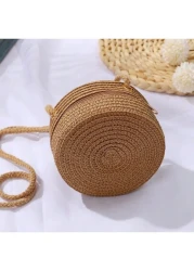 1Pc 12CM Brown Small Round Bag Beach Essentials Summer Essentials Women Bags For Vacation Holiday Wicker Bag Beach Purse Perfect For Summer Vacation Daily Use Travel Must Haves