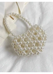 1pc Girls Heart Shaped Handbag With Faux Pearl Decoration Handmade Beaded Accents Open Top Design Suitable For Festival Gift Or Spring Summer Daily Dressing Matching