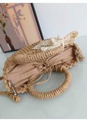 حقيبة كتف واحد رسمية عصرية قابلة للسحب من أعلى، قطعة واحدة، زخرفة فراشة مضفورة، حقيبة قش للفتاة بطراز شاطئي
