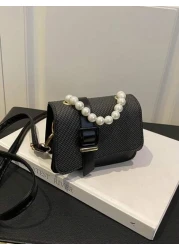 1pc Pu Fashion Splicing Pearl Chain Handbag Korean Princess Fashion Small Square Bag Flip Magnetic Buckle Closure Strap Decoration Niche Design Suitable For Daily Use When Shopping Sweet And Literary