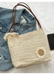 Flower Decor Double Handle Vacation Large Capacity Bag Perfect For Summer Travel Vacation Summer Perfect For Vacation Holiday School Bag Large Capacity Portable For Teen Girls Women College Students W