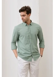 RAVANELLI Sarte - Men's Khaki Slim Fit Slim Fit Button Collar Linen Look 100% Cotton Flared Shirt